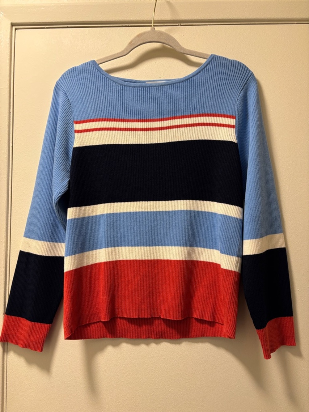 Liz Claiborne Light Blue, Navy & Red Striped Scoop Neck Sweater